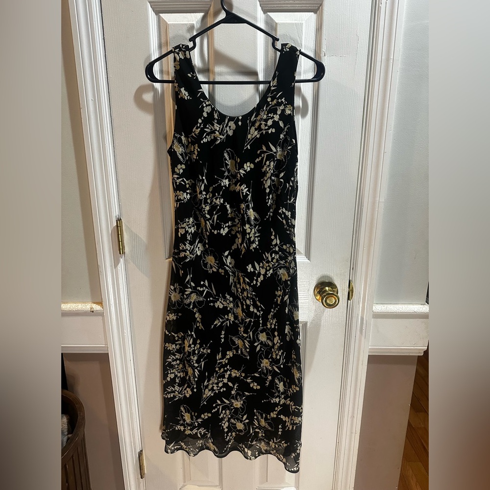Vintage 90s Madison Leigh Petite Black Floral Sleeveless Midi Lined Dress 10P